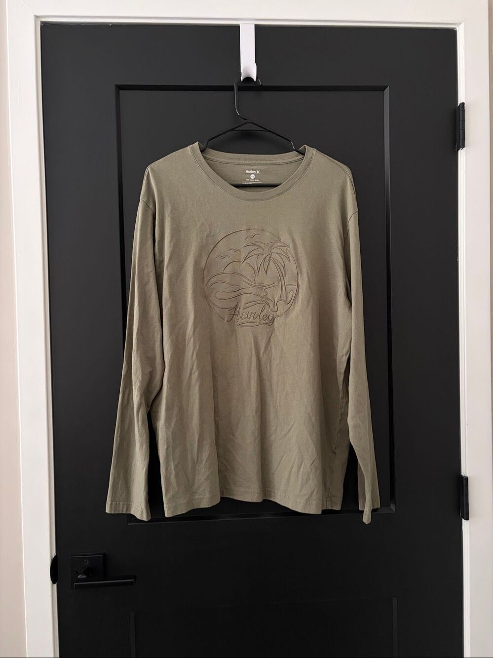 Hurley men's crew neck long sleeve shirt olive green embroidery beach size L